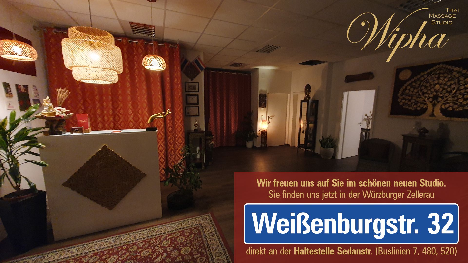 Wipha Thai Massage Studio Würzburg. Wir sind umgezogen. Sie finden unser schönes, neues Studio jetzt in der Weißenburgstr. 32 in der Würzburger Zelleraqu.